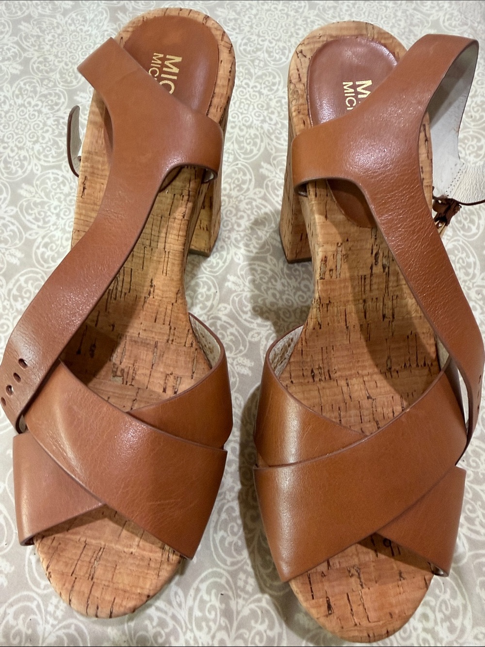 MICHAEL Michael Kors Tan Leather Cork Wedge Sandals